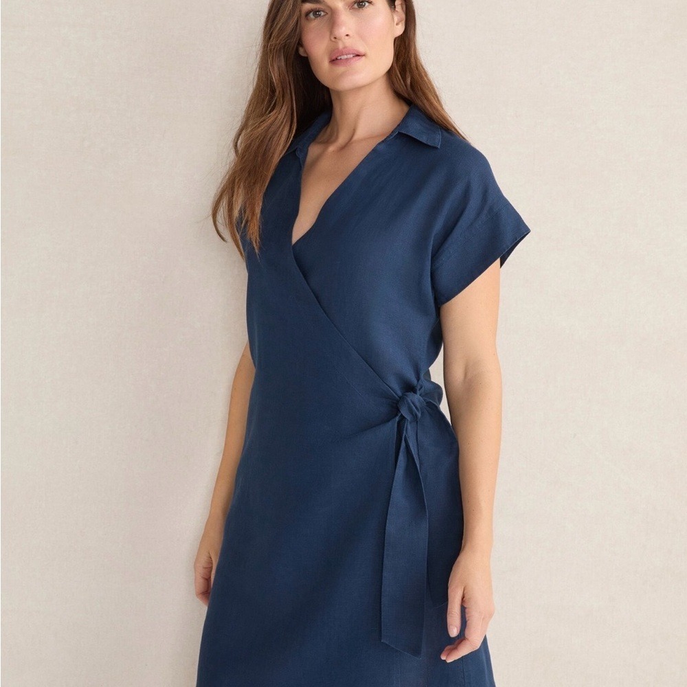 Haven Well Within 100% Linen Wrap Dress Navy Blue Size Small Coastal Minimalist